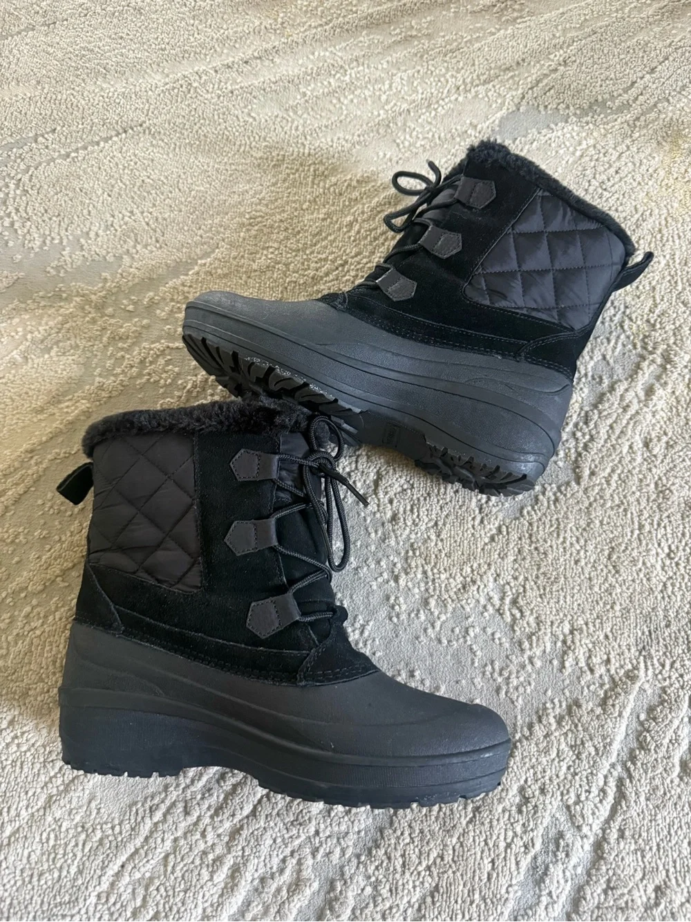 Lands' End black winter boots Quilted Suede rubber lace up pull on fur 10.5